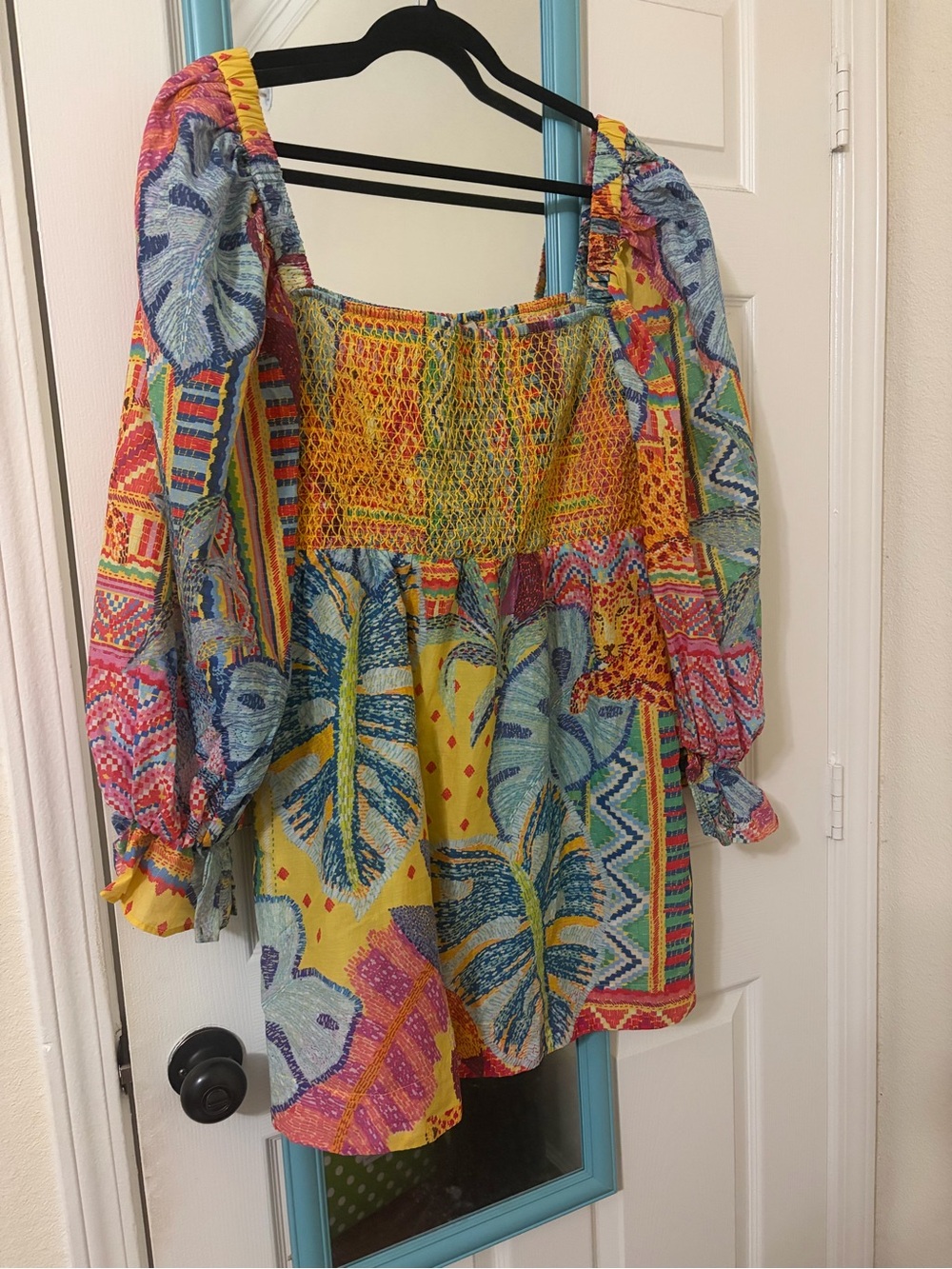 FARM Rio Yellow Multicolor Tropical Smocked Mini Dress